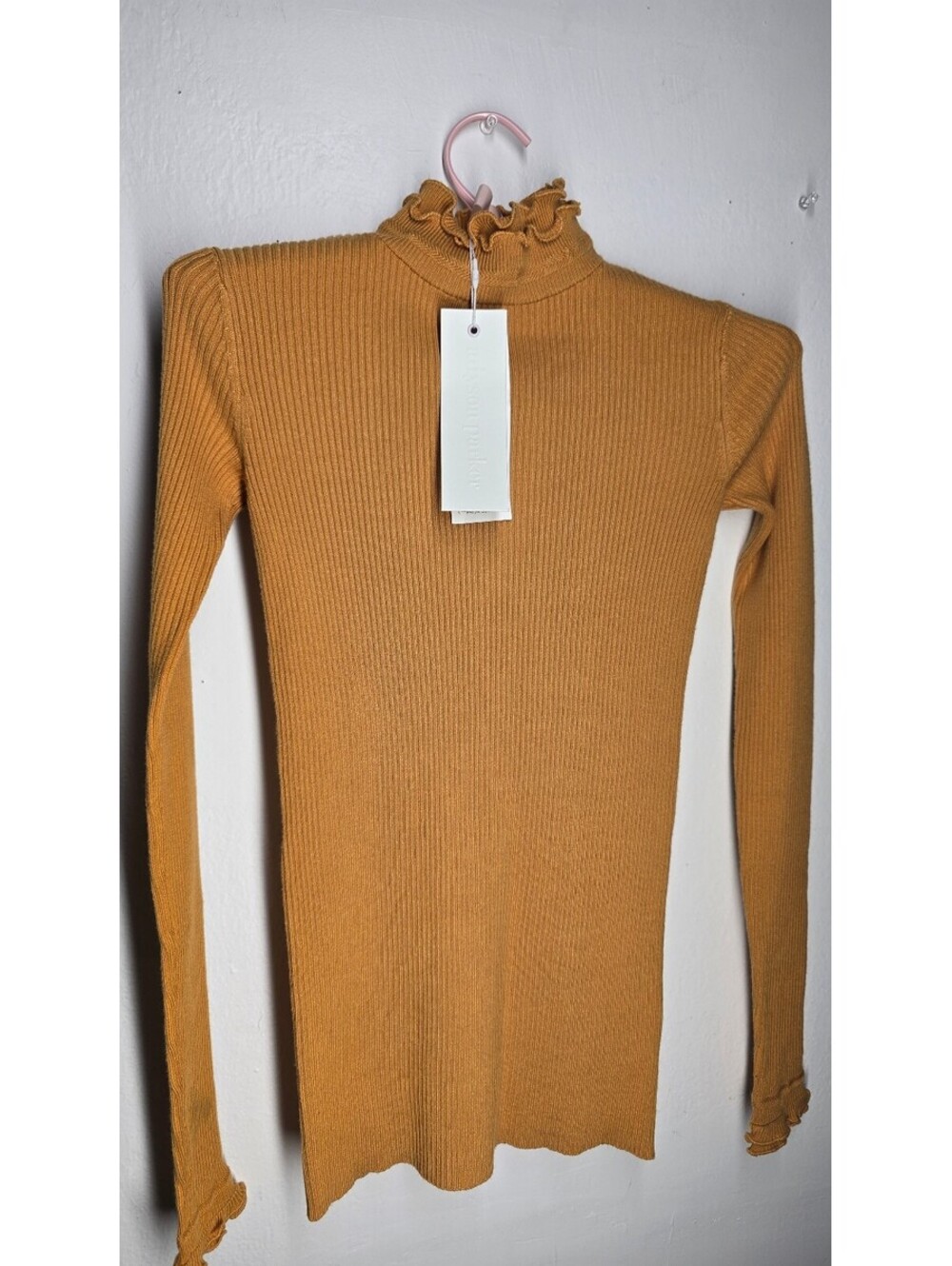 NWT Women's Ribbed Ruffle Mock Neck Top Dijon XS